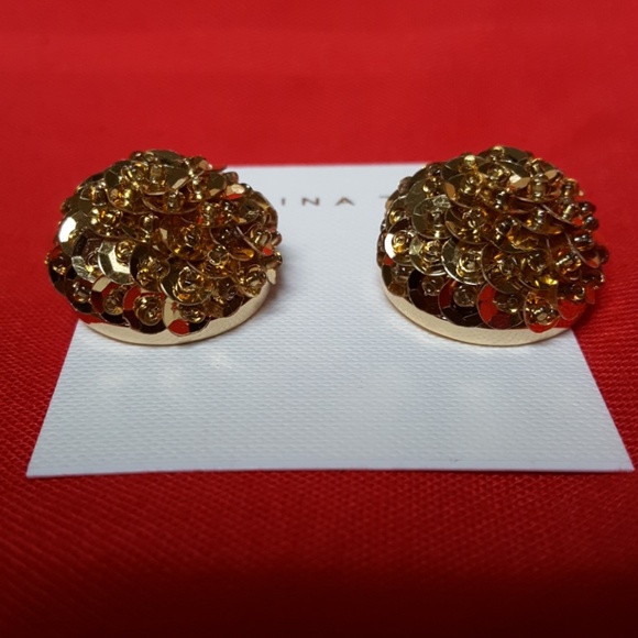 NEW TRINA TURK GOLD SEQUIN BUTTON EARRINGS - Picture 6 of 8